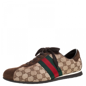 Gucci Beige/Brown GG Canvas And Suede Ace Vintage Web Lace Up Sneakers Size 43