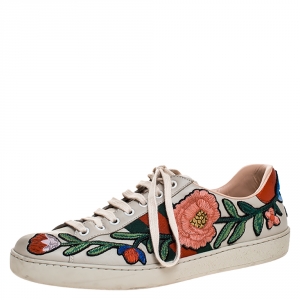 Gucci Cream Floral Embroidered Leather Ace Low Top Sneakers Size 41