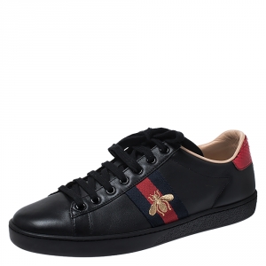 Gucci Black Leather Ace Web Bee Low Top Lace Up Sneakers Size 38