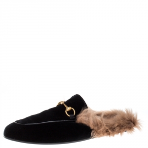 Gucci Black/Brown Velvet and Fur Lined Princetown Flat Mule Size 44
