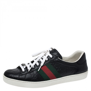 Gucci GG Black Leather Web Detail Low Top Sneakers Size 43