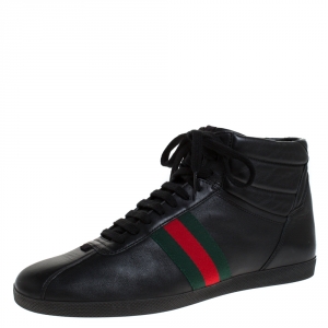 Gucci Black Leather Web Detail High Top Lace Up Sneakers Size 41