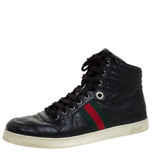 Gucci Black Guccissima Leather Web Detail Lace High Top Sneaker Size 44.5