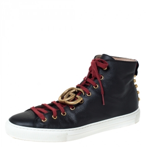 Gucci Black Textured Leather GG Marmont High Top Sneakers Size 42.5
