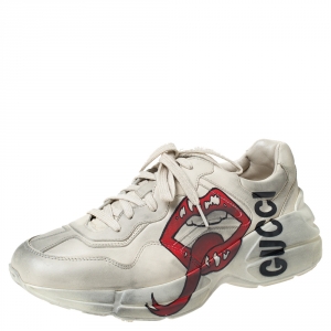 Gucci Ivory Distressed Leather Rhyton Mouth Print Platform Sneakers Size 41.5