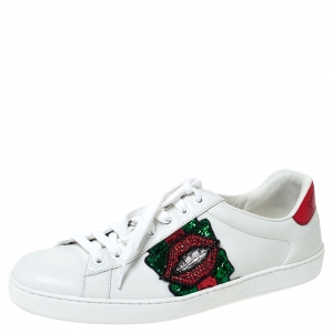Gucci White Leather Sequins And Crystal Lips Ace Low Top Sneakers Size 41
