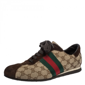 Gucci Brown/Beige GG Canvas and Suede Web Low Top Sneakers Size 40.5