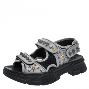 Gucci Grey/Black Leather and Mesh Aguru Studded Sandals Size 41