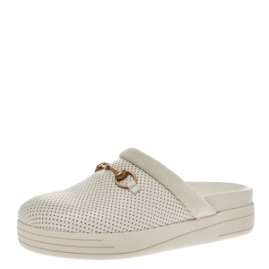 Gucci Cream Perforated Leather and Suede Mallorca Mules Size 41