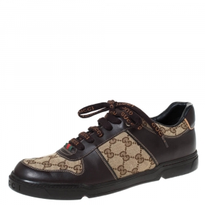 Gucci Brown/Beige GG Canvas and Leather Low Top Sneakers Size 43
