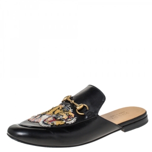 Gucci Black Tiger Embroidered Leather Princetown Horsebit Mules Size 40.5