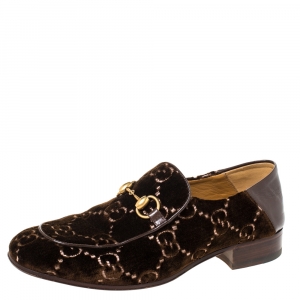 Gucci Brown GG Velvet And Leather Jordaan Horsebit Loafers Size 40.5