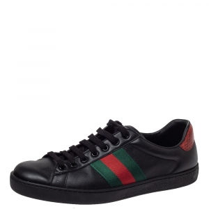 Gucci Black Leather Web Ace Low Top Sneakers Size 41.5