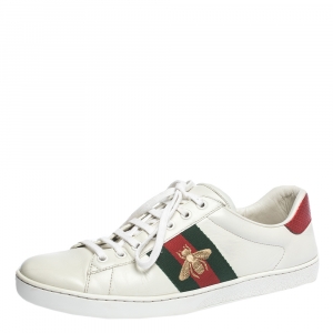Gucci White Leather Ace Bee Web Low Top Sneakers Size 42