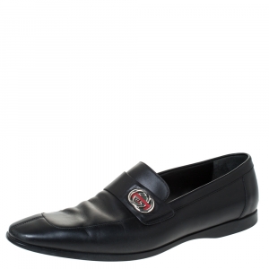 Pre Owned Gucci Black Leather GG Slip On Loafers Size 43