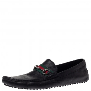 500 By Gucci Black Leather Horsebit Web Detail Driver Loafers Size 45