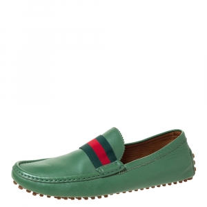 Gucci Green Leather Web Trim Loafers Size 45.5