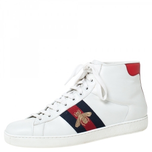 Pre Owned Gucci White Leather Ace Web Bee High Top Sneakers Size 40
