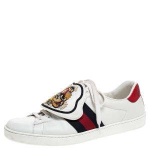 Gucci White Leather Ace Web Low Top Sneakers with Removable Patch Size 42