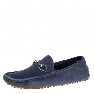 Pre Owned Gucci Blue Suede Horsebit Loafers Size 44