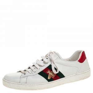Gucci White Leather Ace Bee Web Detail Low Top Sneakers Size 42