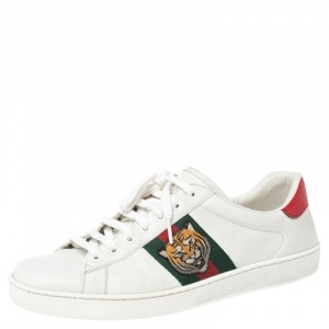 Pre Owned Gucci White Leather Ace Embroidered Tiger Low Top Sneakers Size 42.5