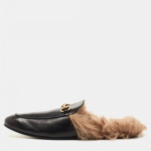 Gucci Black Leather and Fur Princetown Mules Size 44 