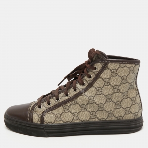 Gucci Brown/Grey GG Supreme Canvas and Leather Cap Toe High Top Sneakers Size 40.5