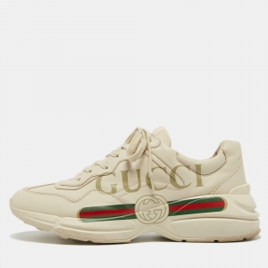 Gucci Cream Leather Rhyton Lace Up Sneakers Size 45.5