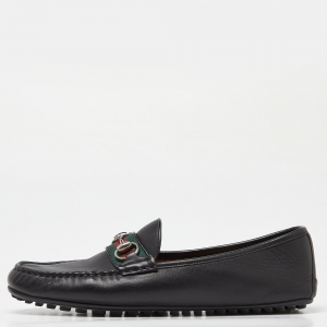 Gucci Black Leather Web Horsebit Slip On Loafers Size 42