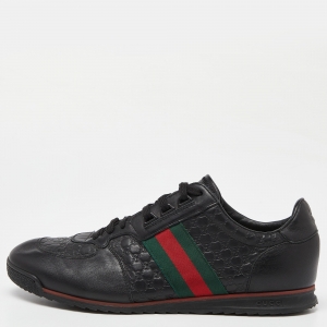 Pre Owned Gucci Black Guccissima Leather Web Low Top Sneakers Size 44.5 