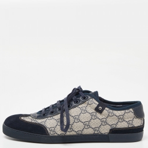 Pre Owned Gucci Navy Blue/Beige Suede and GG Supreme Canvas Low Top Sneakers Size 40.5 