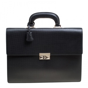 Gucci Black Textured Leather Double Gusset Briefcase 