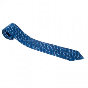 Hermes Parade Navy Blue Horse Printed Silk Twill Tie