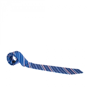 Pre Owned Hermes Blue Diagonal Striped Traditional Cotton & Silk Tie