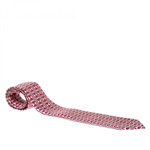 Pre Owned Hermès Red and White Geometric Motif Print Silk Twill Tie