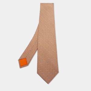 Pre Owned Hermes Orange Patterned Silk Tie