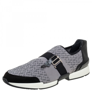 Hermes Grey/Black Knit Fabric And Leather Buckle Run Sneakers Size 43.5