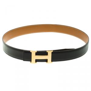 Pre Owned Hermes Black/Brown Leather H Buckle Reversible Belt 80 CM