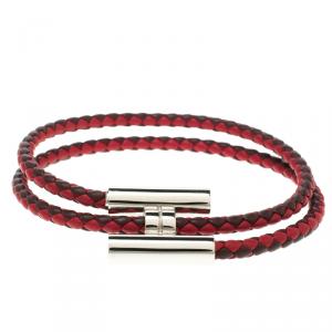 Hermes Tournis Tresse Bicolor Woven Leather Palladium Plated H Bracelet