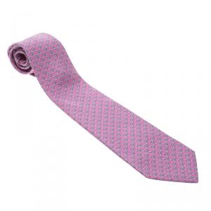 Pre Owned Hermes Pink Chain Link Printed Silk Tie