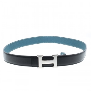 Pre Owned Hermès Black/Blue Leather Reversible Silver Metal Finished H Buckle Belt 105 CM
