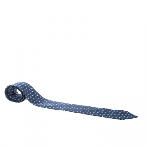 Pre Owned Hermes Navy Blue Cat and Mouse Printed Silk Twill Tie 