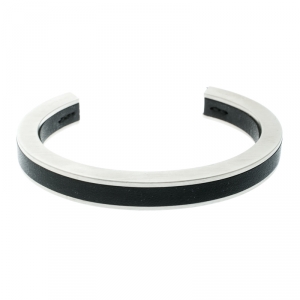 Hermes Black Leather Silver Tone Open Cuff Bracelet 