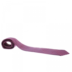 Pre Owned Hermes Vintage Navy Blue and Pink Chain Link Pattern Silk Jacquard Tie
