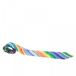 Hermess Multicolor Diagonal Rainbow Striped Silk Tie