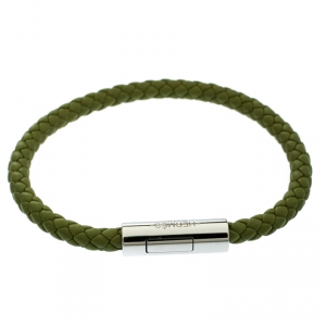 Hermes Goliath Green Woven Leather Palladium Plated Bracelet