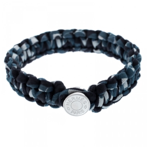 Hermes Blue Silk Twill Kid Palladium Plated Bracelet Size T4