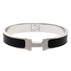 Hermes Clic HH Black Enamel Brushed Palladium Plated Bracelet GM