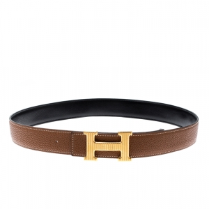 Pre Owned Hermès Black/Brown Leather Reversible Gold Grooved Finished H Buckle Belt 85cm